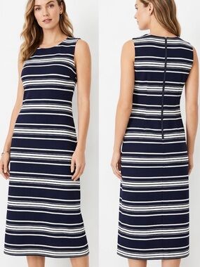 Striped Navy and White Sleeveless Sheath Dress